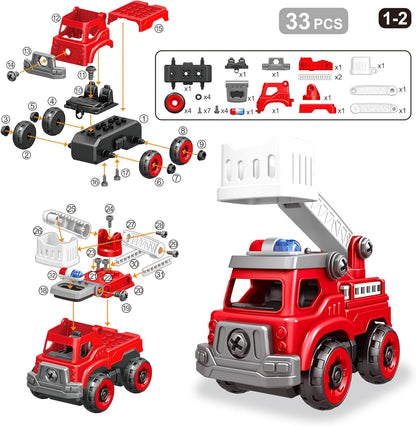 4-in-1 Take Apart Toys Truck with Electric Drill, DIY Assembly Fire Truck Toy Vehicles, Kids STEM Building Educational Cars Toys, Birthday Gifts for Age 3 4 5 6 7 8 Years Old Boys Girls