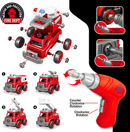 4-in-1 Take Apart Toys Truck with Electric Drill, DIY Assembly Fire Truck Toy Vehicles, Kids STEM Building Educational Cars Toys, Birthday Gifts for Age 3 4 5 6 7 8 Years Old Boys Girls