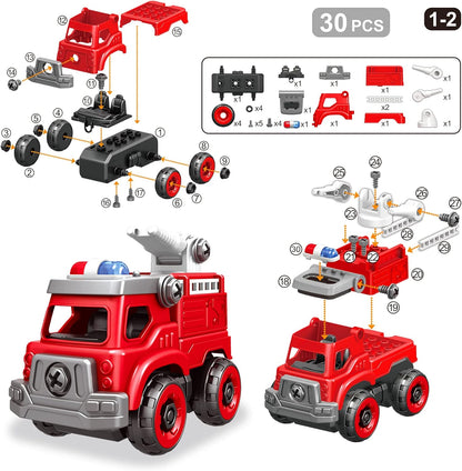 4-in-1 Take Apart Toys Truck with Electric Drill, DIY Assembly Fire Truck Toy Vehicles, Kids STEM Building Educational Cars Toys, Birthday Gifts for Age 3 4 5 6 7 8 Years Old Boys Girls