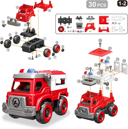 4-in-1 Take Apart Toys Truck with Electric Drill, DIY Assembly Fire Truck Toy Vehicles, Kids STEM Building Educational Cars Toys, Birthday Gifts for Age 3 4 5 6 7 8 Years Old Boys Girls