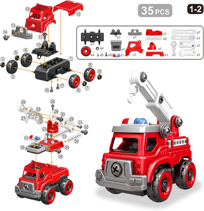 4-in-1 Take Apart Toys Truck with Electric Drill, DIY Assembly Fire Truck Toy Vehicles, Kids STEM Building Educational Cars Toys, Birthday Gifts for Age 3 4 5 6 7 8 Years Old Boys Girls